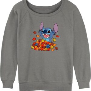 Disney Women's Lilo & Stitch Leaf Pile Junior's Raglan Pullover with Coverstitch
